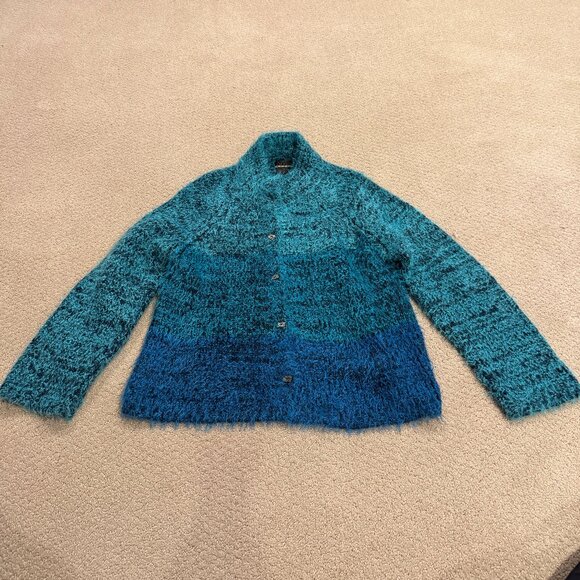 Sigrid Olsen Fuzzy Cardigan Sweater Ombre Blue Wool Artsy Boho LARGE#SOMU6920 - Picture 1 of 15